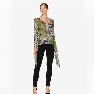 BCBG Maxazria NWOT Boho Floral V Neck Flowy   Asymmetrical Hem Sheer Silk Medium